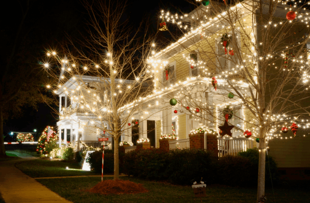 Roofline and yard holiday lighting, Arden Park Christmas light installation