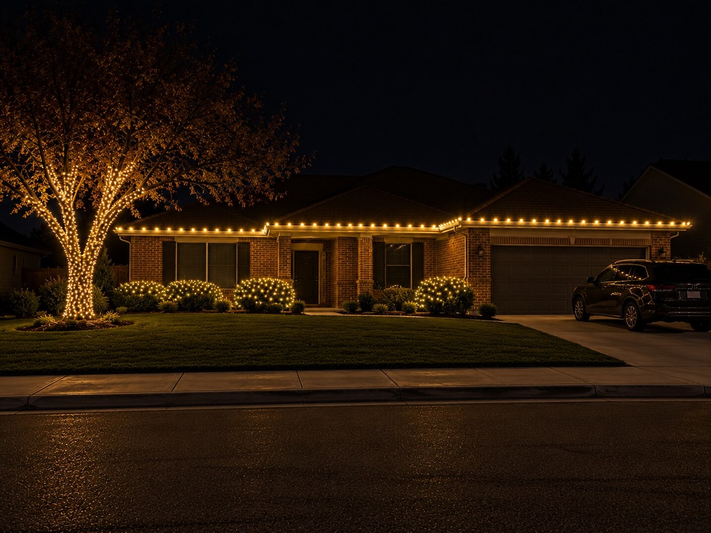 Christmas light company in Auburn, CA: brick ranch tree sleeve wrap c9 warm white