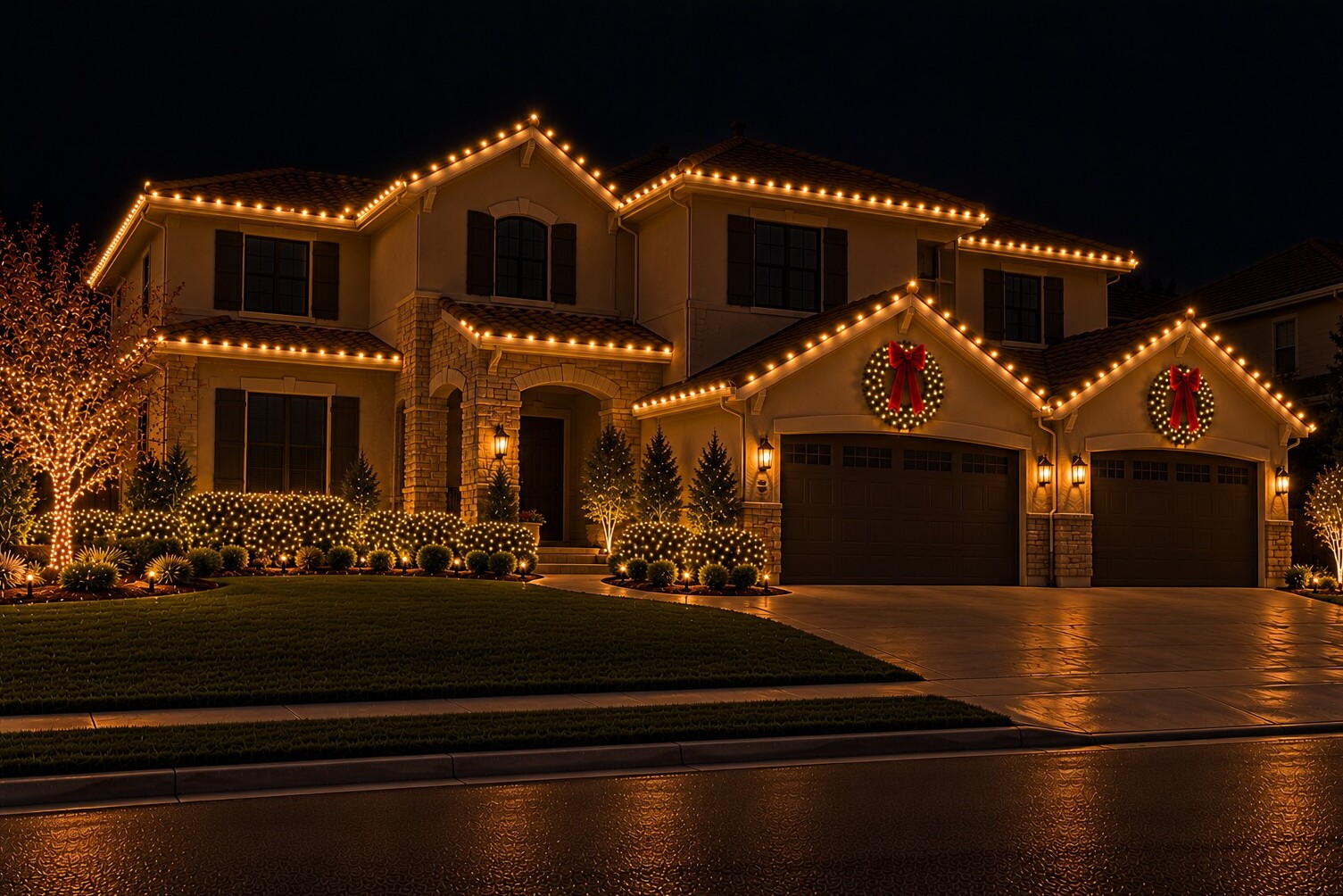 Christmas light company in Cameron Park, CA: two story garage door wreaths c9 warm white