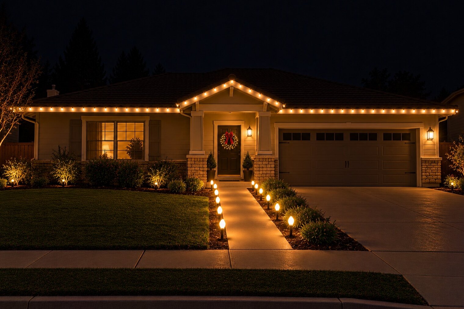 Christmas light company in Sacramento, CA: ranch home door wreath walkway stakes warm white