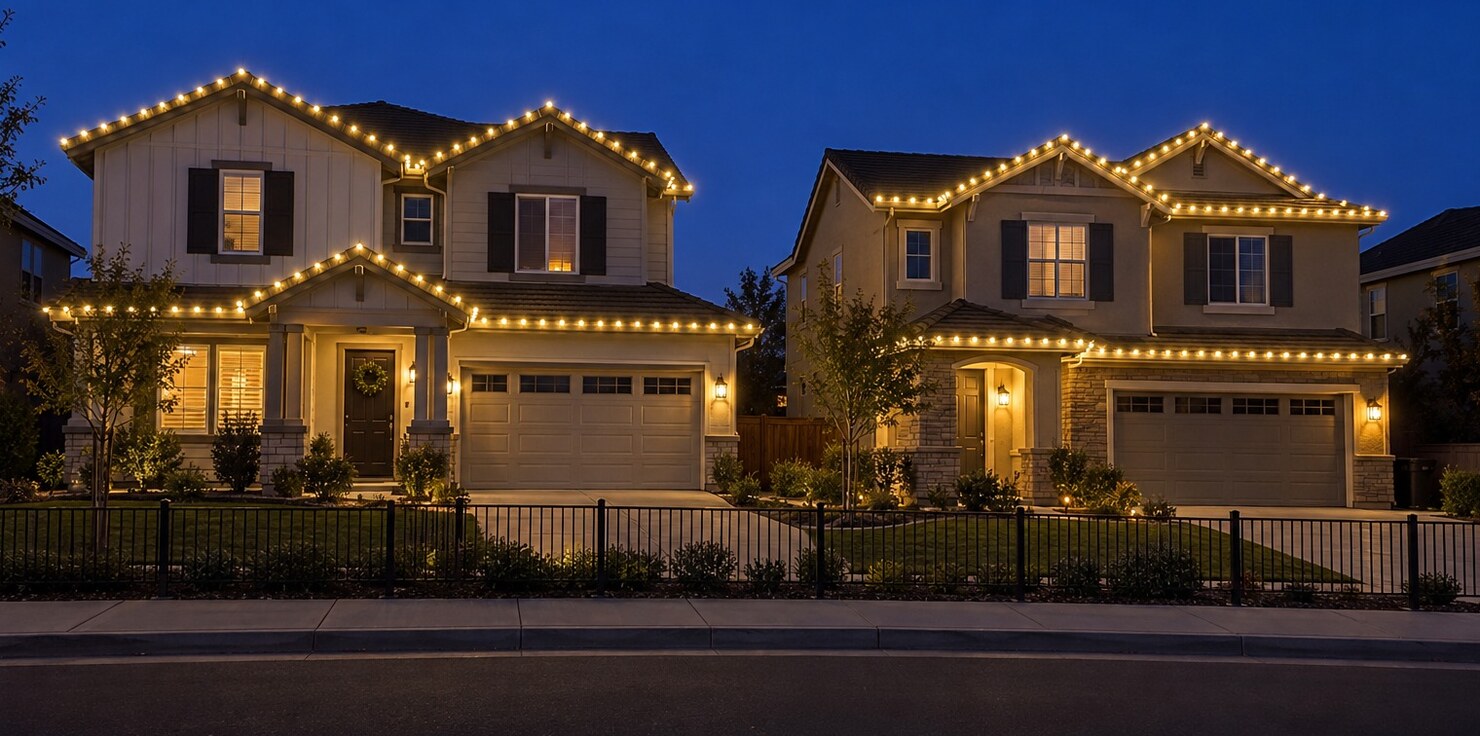 Christmas light company in Sacramento, CA: two homes street warm white bluehour