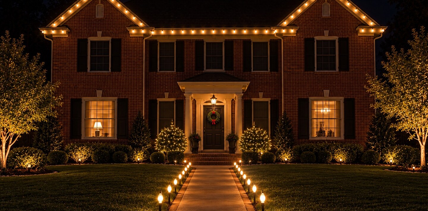 Christmas light hanging in El Dorado Hills, CA: brick colonial warm white stakes