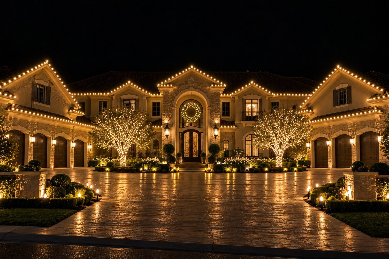 Christmas light hanging in El Dorado Hills, CA: grand twin gable estate arched entry wreath six car garage warm white