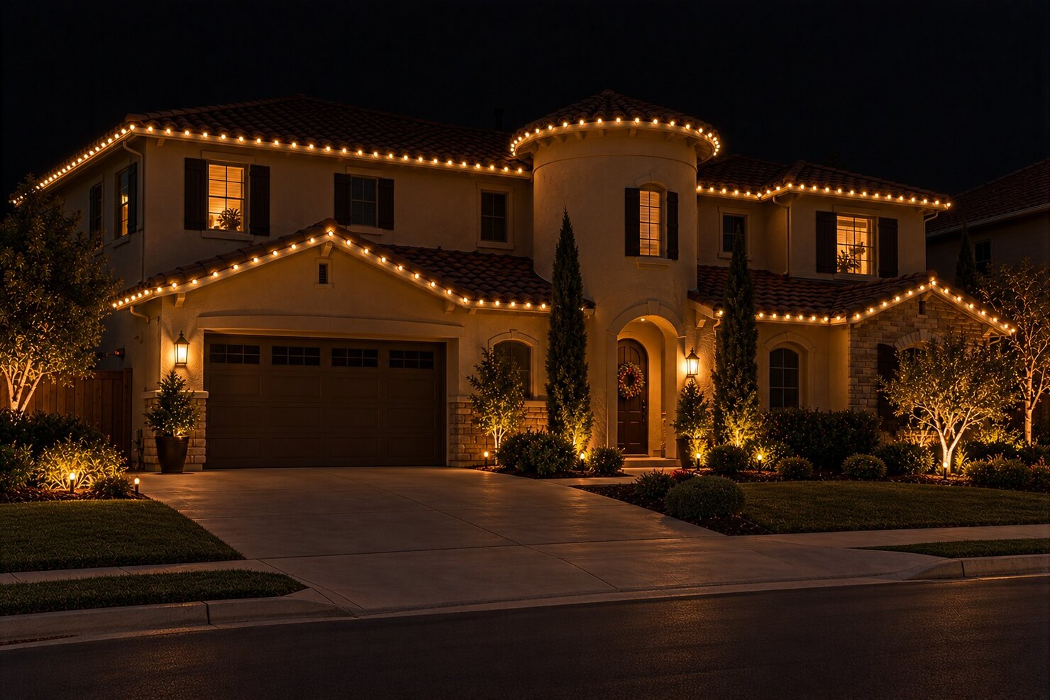 Christmas light hanging in El Dorado Hills, CA: mediterranean tower warm white