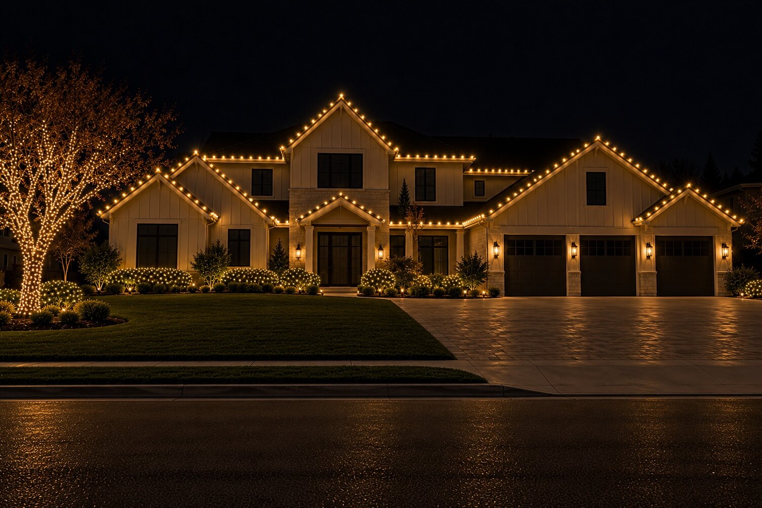 Christmas light hanging in Sacramento, CA: grand modern farmhouse estate c9 warm white