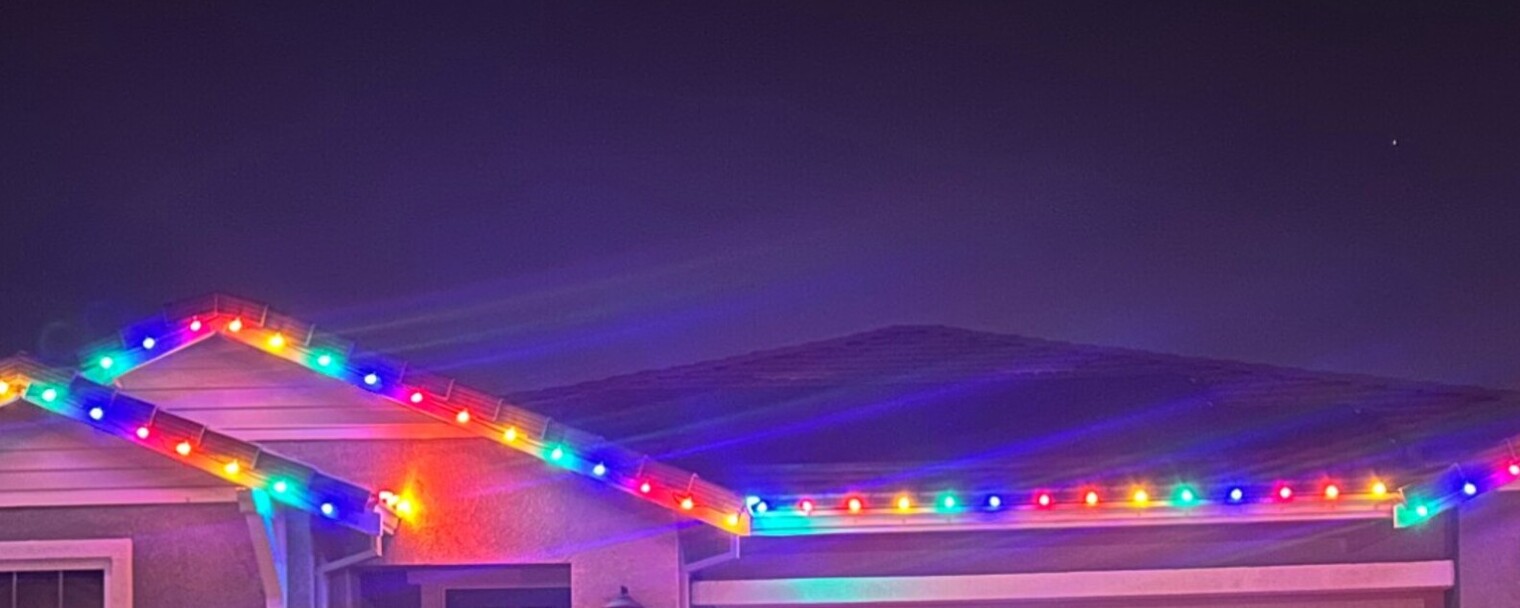 Christmas light installation in Auburn, CA: multicolor c9 twin gable peaks