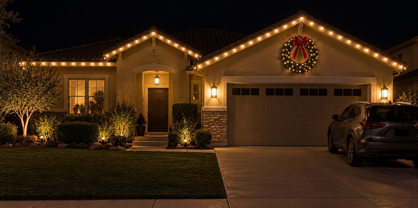 Christmas light installation in Auburn, CA: single story tract home lit wreath on gable warm white