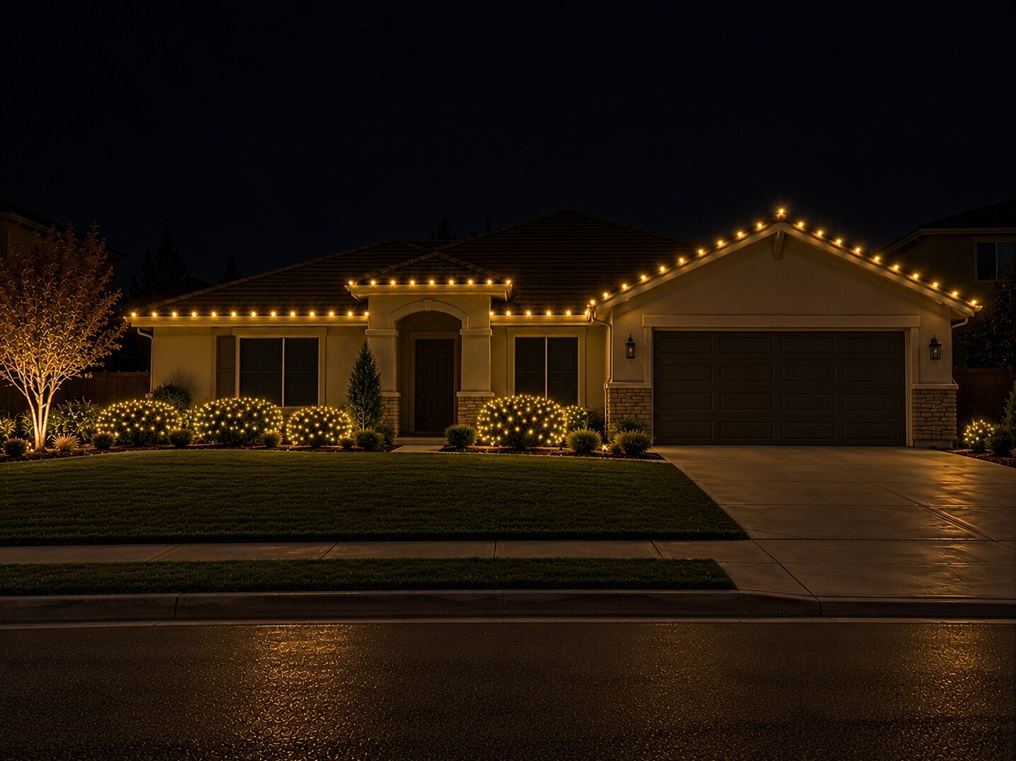 Christmas light installation in El Dorado Hills, CA: stucco ranch c9 roofline dark windows warm white