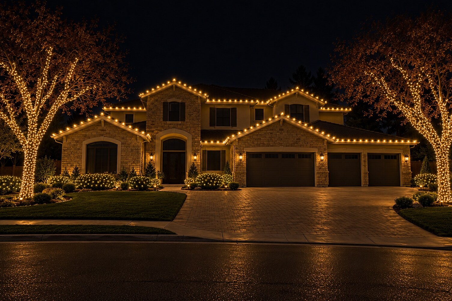 Christmas light installation in Fair Oaks, CA: grand stone stucco estate wrapped oaks c9 warm white