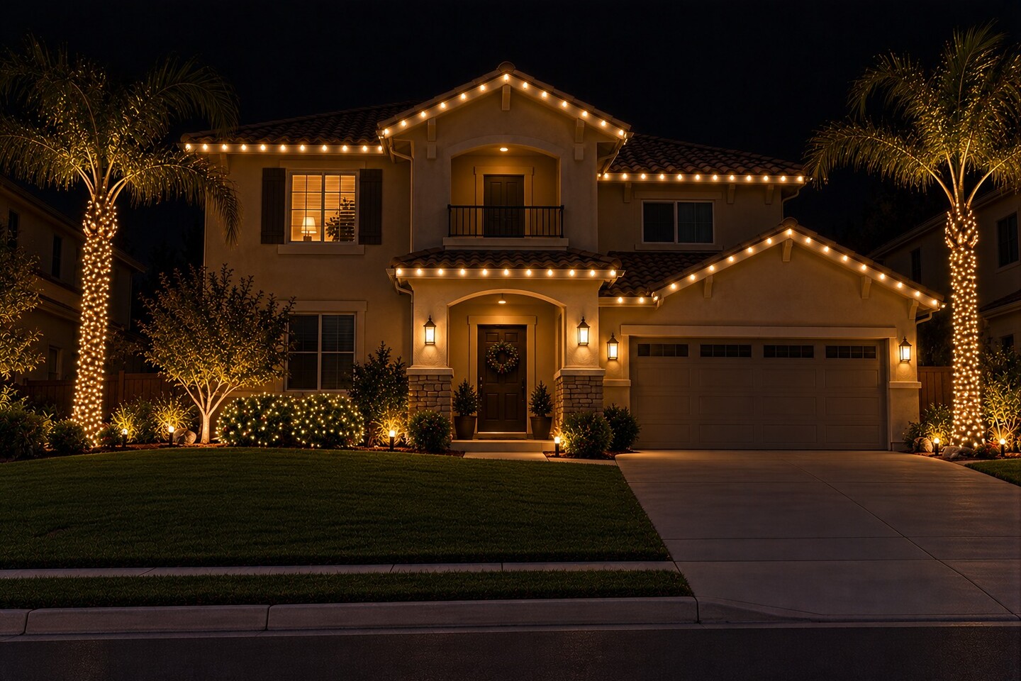 Christmas light installation in Sacramento, CA: balcony two story warm white palms