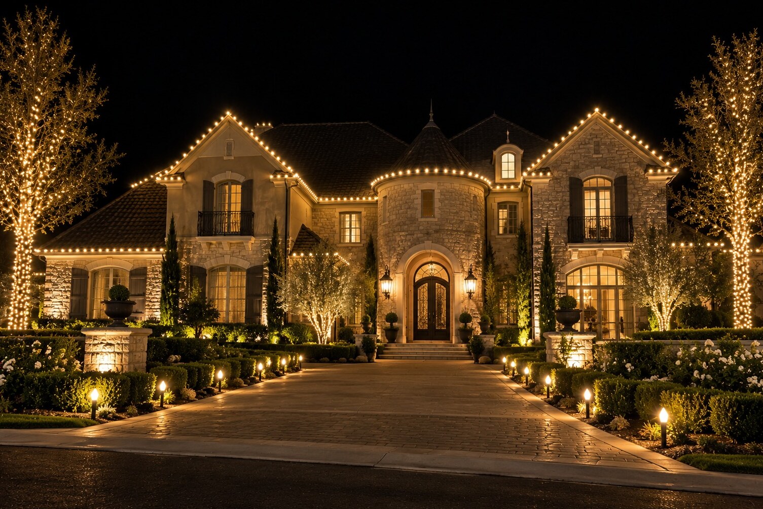 Christmas light installation in Sacramento, CA: grand french country estate stone turret warm white