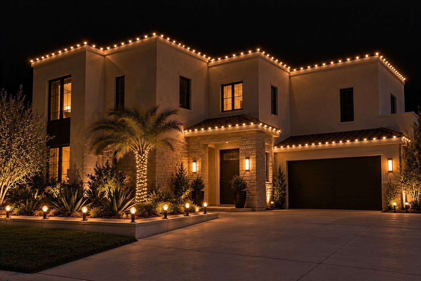 Christmas light installation in Sacramento, CA: modern parapet warm white agave