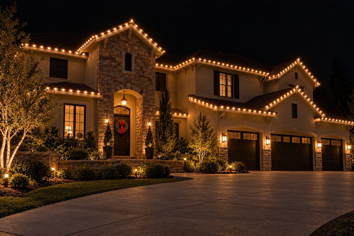 Christmas light installers in Cameron Park, CA: stone tower entry warm white wreath