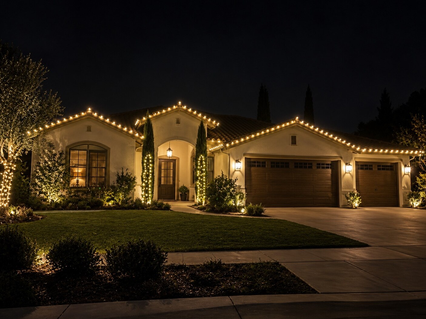 Christmas light installers in Sacramento, CA: spanish ranch tile roof arched entry warm white roofline