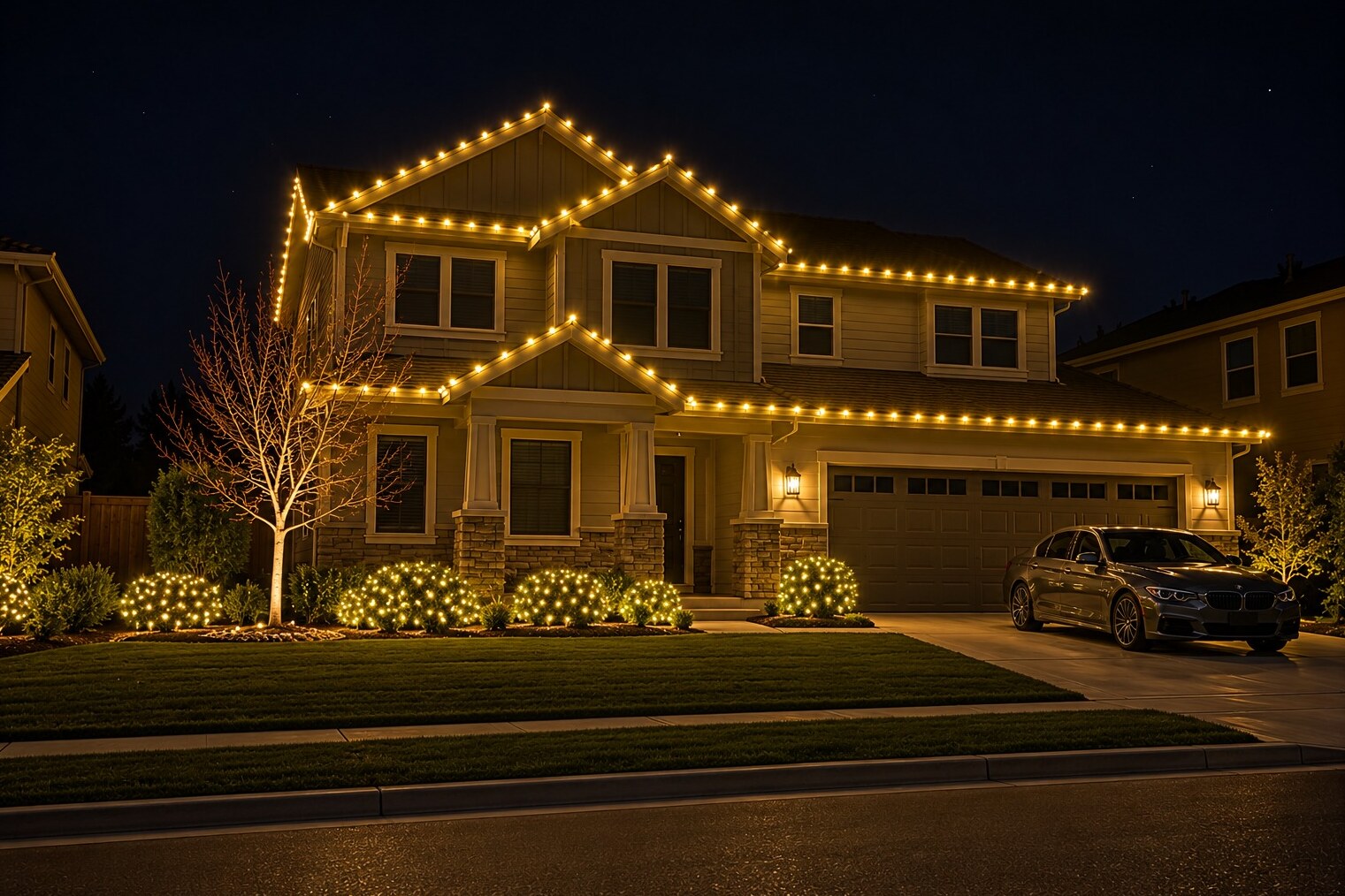 Christmas light installers in Sacramento, CA: tract two story sedan c9 warm white