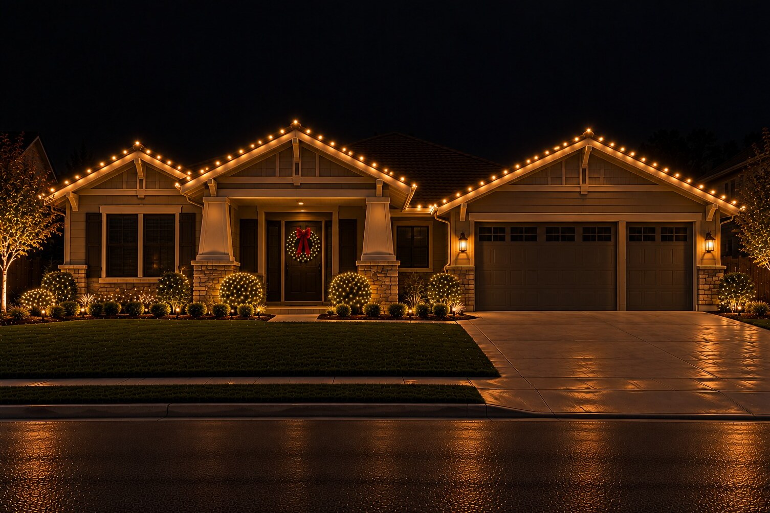 Christmas light service in Auburn, CA: craftsman door wreath c9 warm white