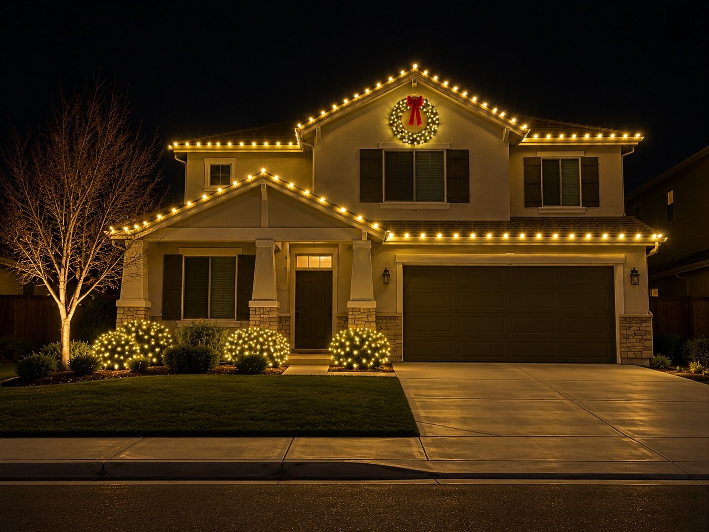 Christmas light service in Auburn, CA: double gable wreath c9 warm white