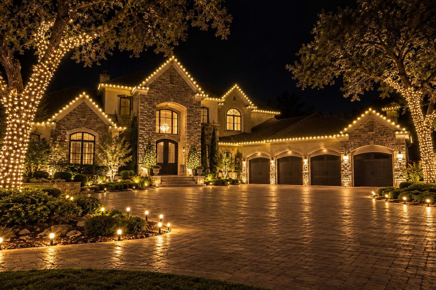 Christmas light company in Sacramento, CA: ranch home door wreath walkway stakes warm white