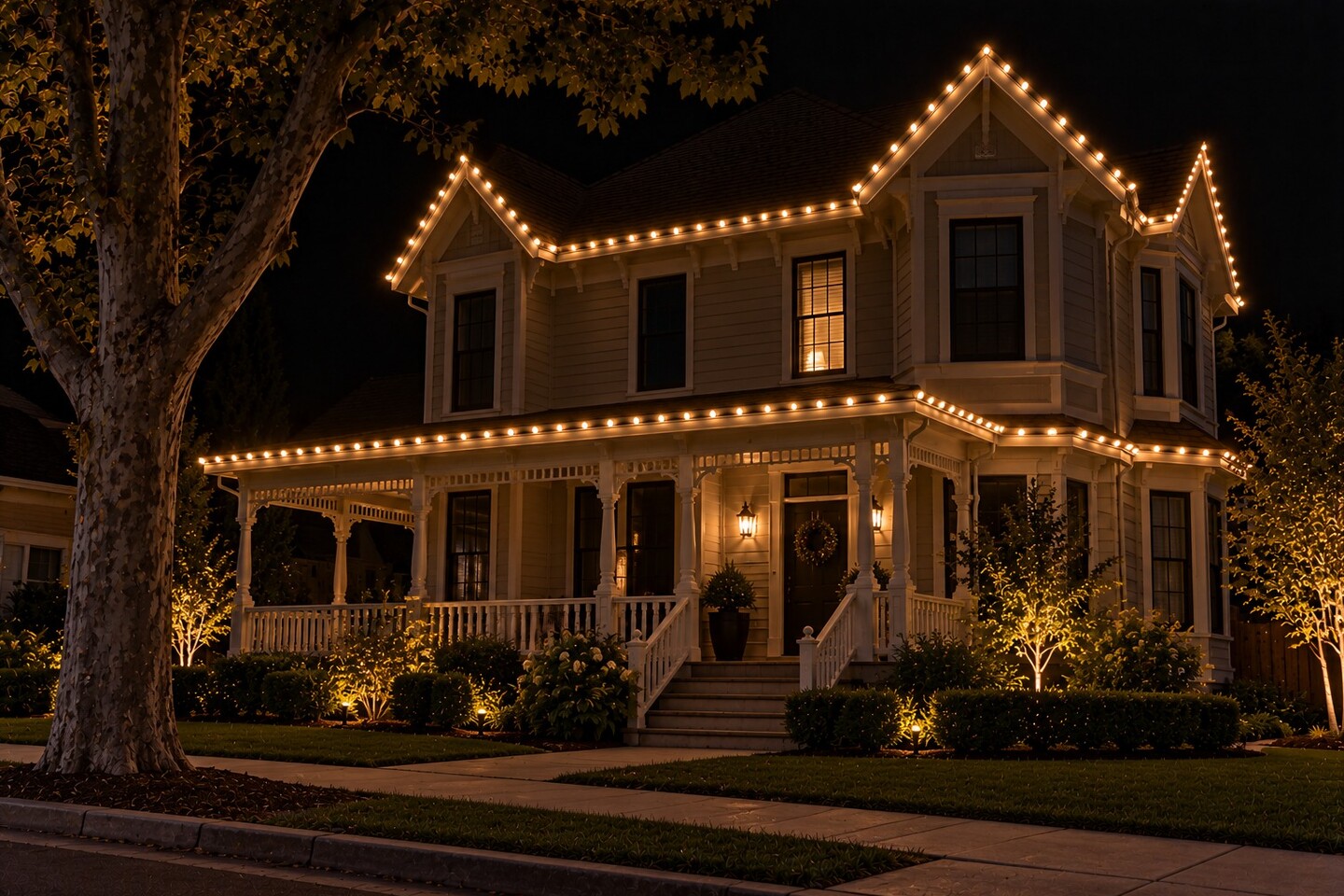 Christmas light installation in Rocklin, CA: two story home warm white roofline driveway stakes sunset
