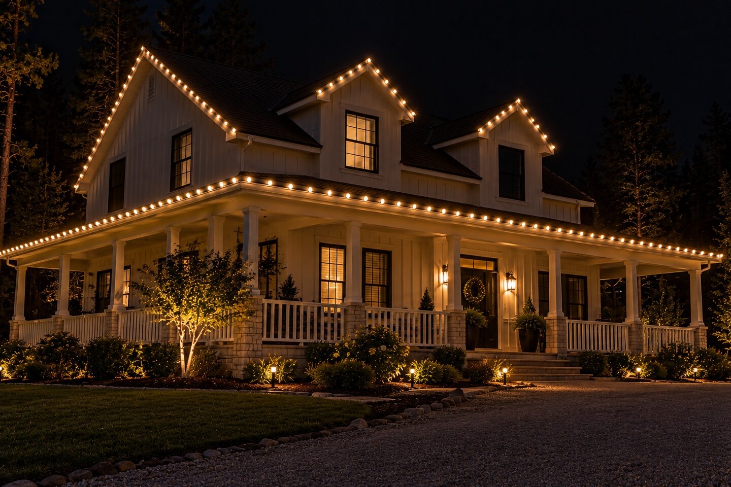 Christmas lights in Sacramento, CA: farmhouse wraparound porch warm white