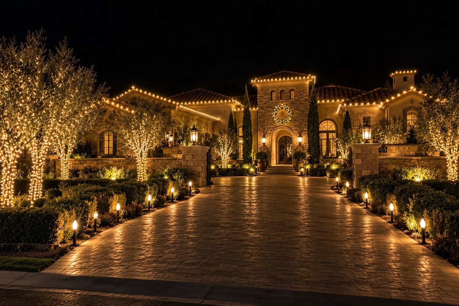 Christmas lights in Sacramento, CA: grand tuscan estate stone entry tower wreath olive trees warm white