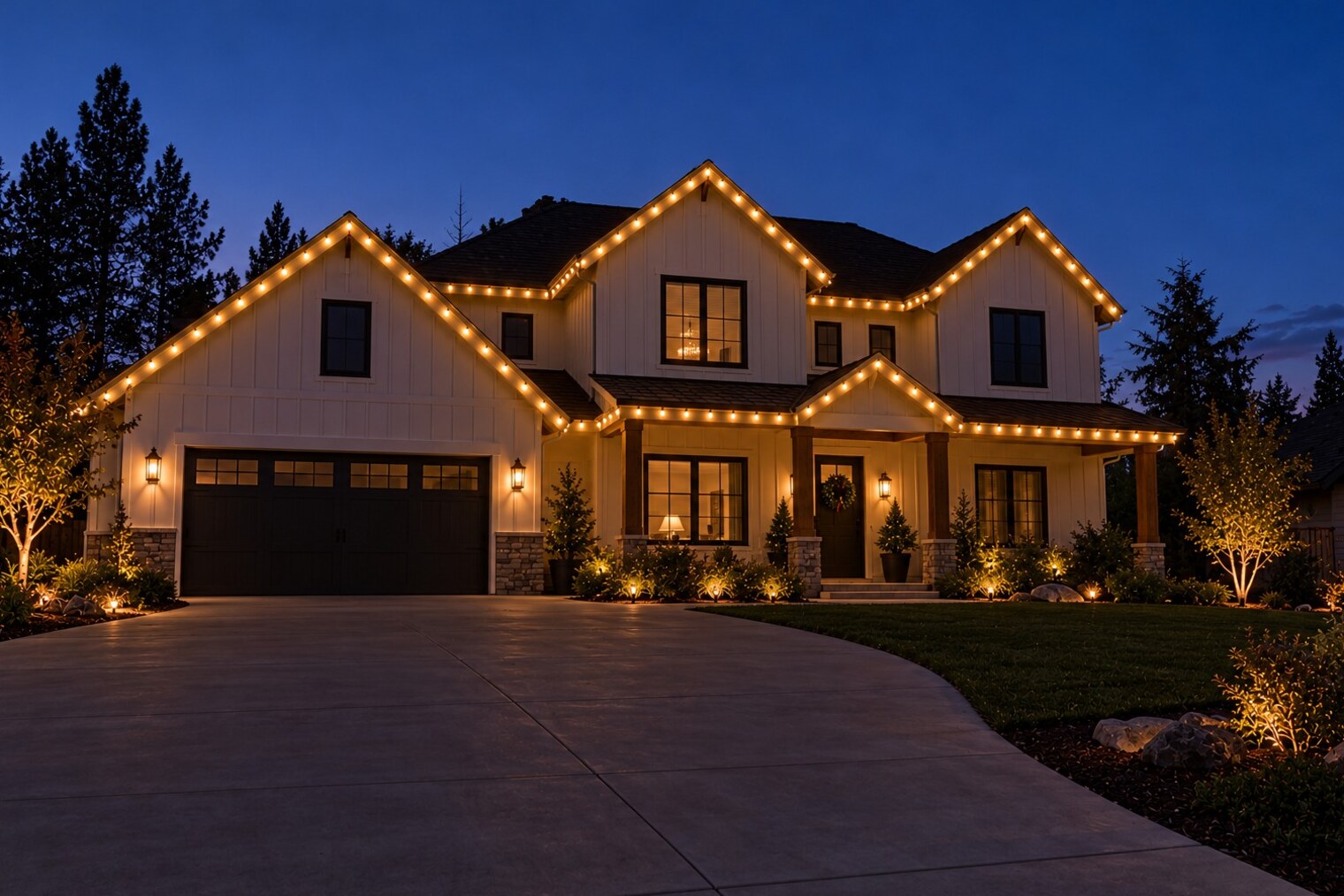 Holiday light installation in Auburn, CA: farmhouse two story warm white bluehour