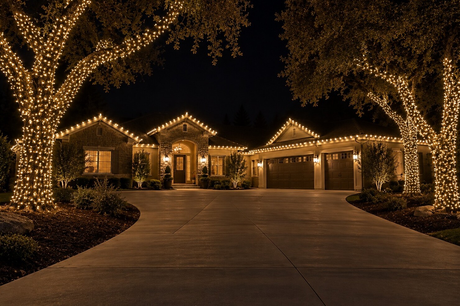 Holiday light installation in Sacramento, CA: custom three car warm white oaks driveway