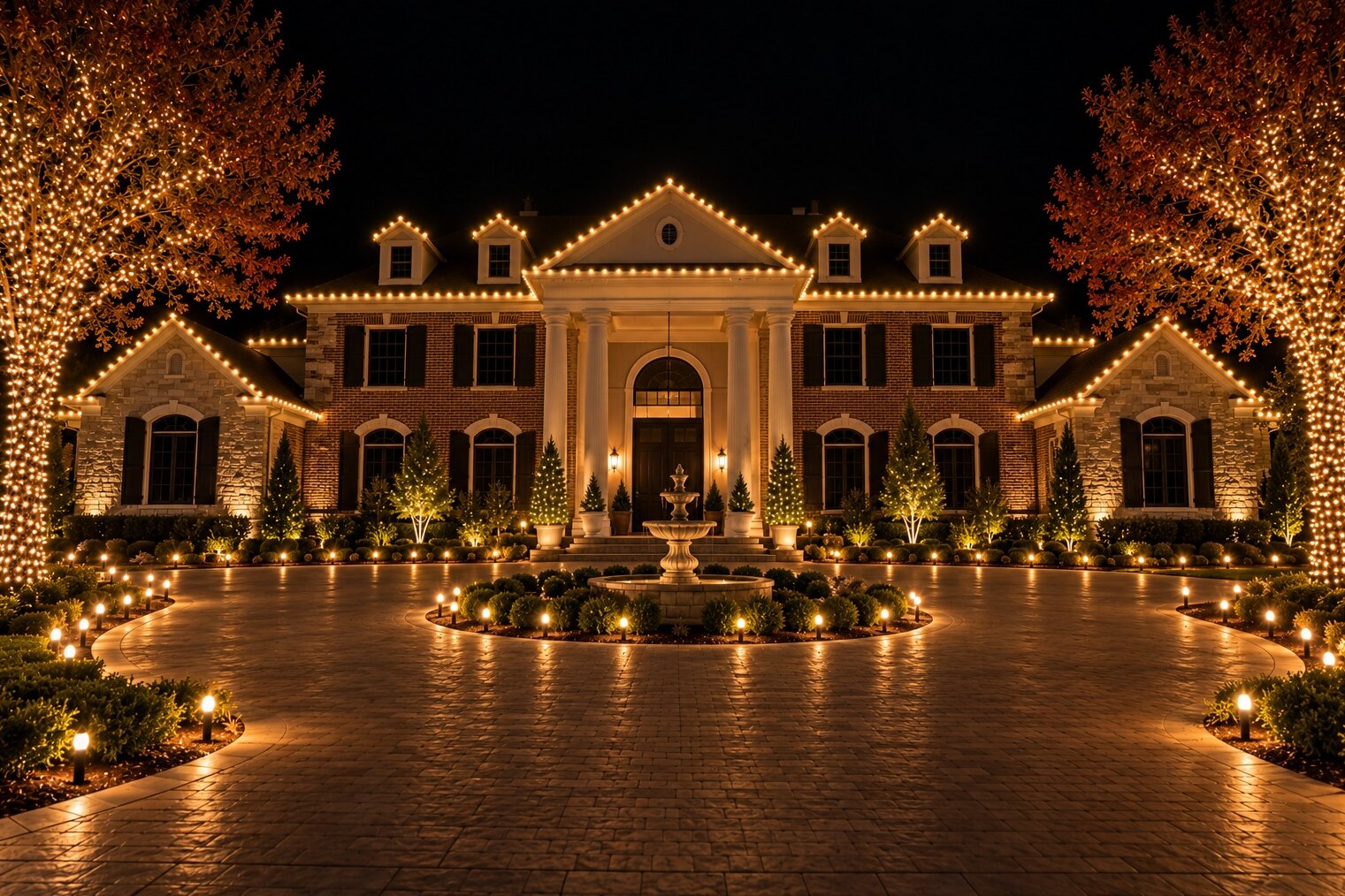 Holiday light installation in Sacramento, CA: grand brick estate columned portico fountain wrapped maples warm white