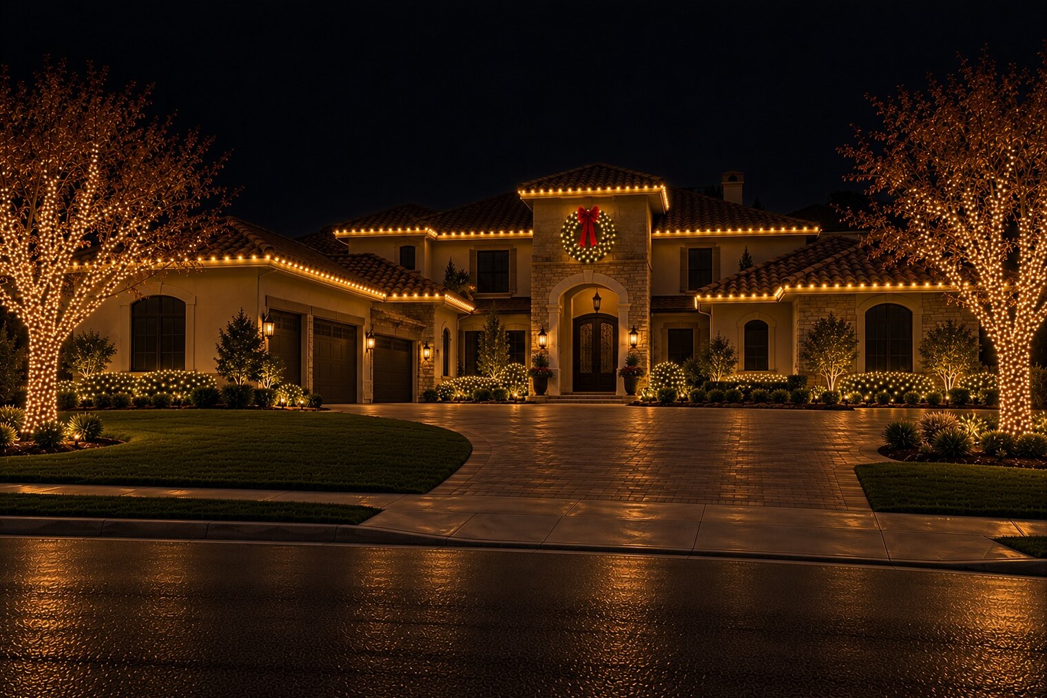Holiday light installation in Sacramento, CA: grand tuscan tower wreath estate c9 warm white