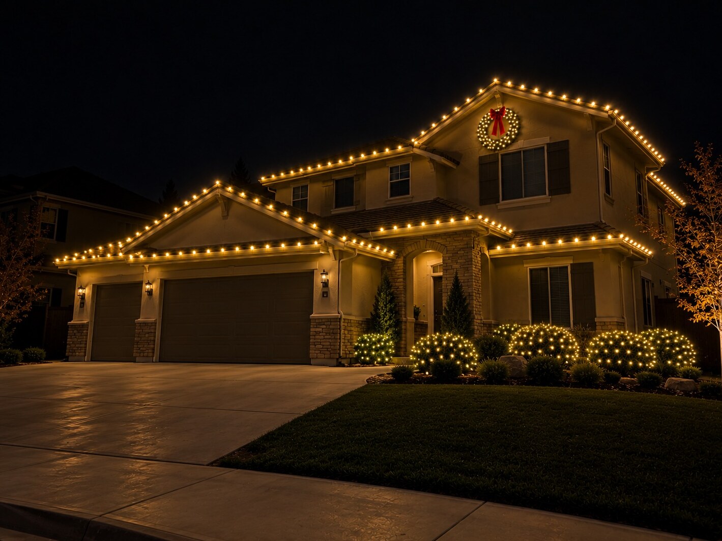 Holiday light installation in Sacramento, CA: two story gable wreath c9 warm white