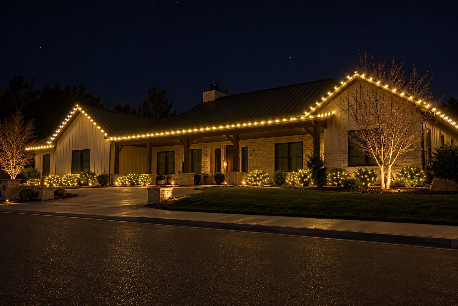 Holiday lighting in El Dorado Hills, CA: foothill metal roof porch c9 warm white
