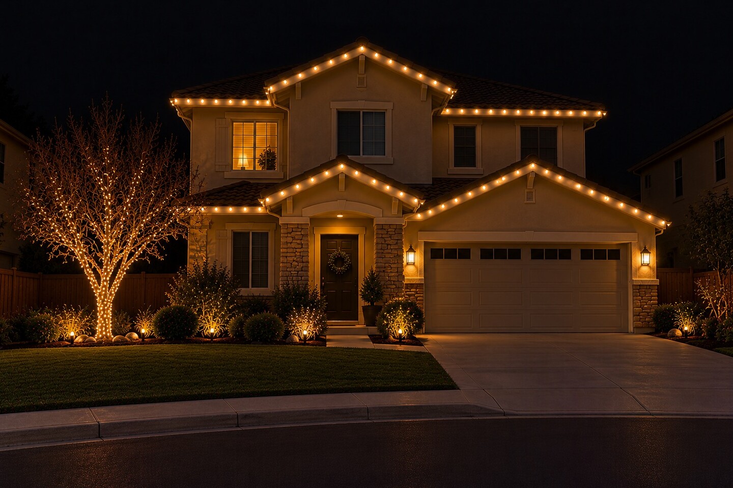 Professional christmas lights in Fair Oaks, CA: two story home warm white roofline dusk