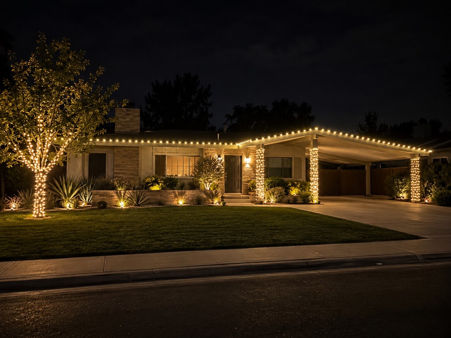 Holiday lighting in Sacramento, CA: midcentury ranch carport warm white roofline