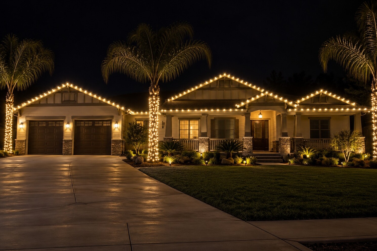 Professional christmas lights in El Dorado Hills, CA: ranch three gables porch palm wraps warm white