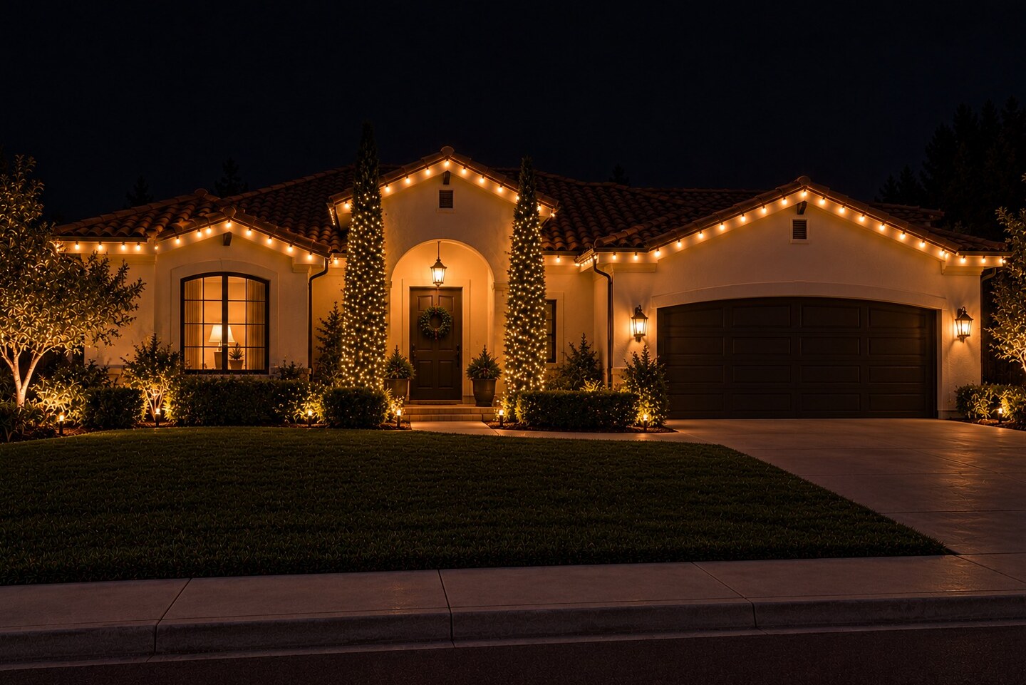 Professional christmas lights in Lincoln, CA: tract home warm white roofline
