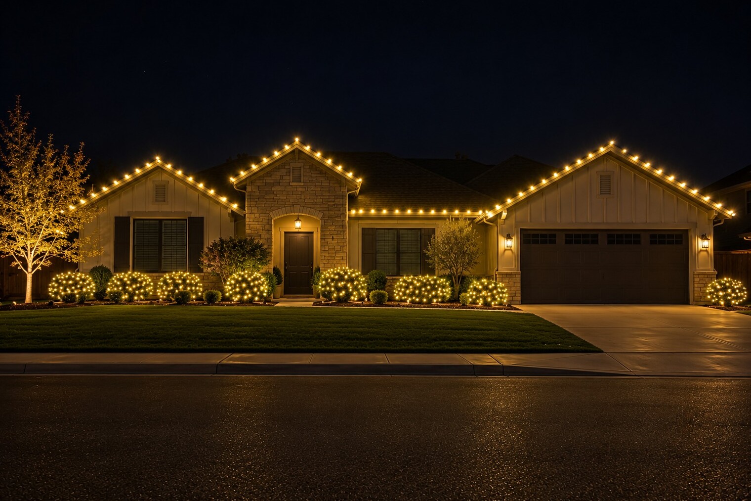 Professional christmas lights in Sacramento, CA: ranch three gables c9 warm white