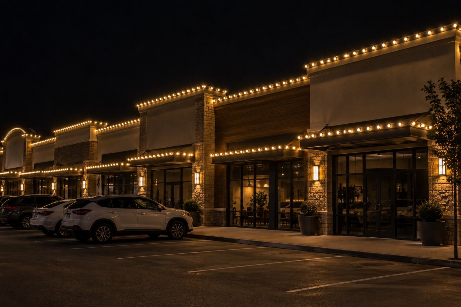 Residential christmas lights in Sacramento, CA: commercial storefronts warm white