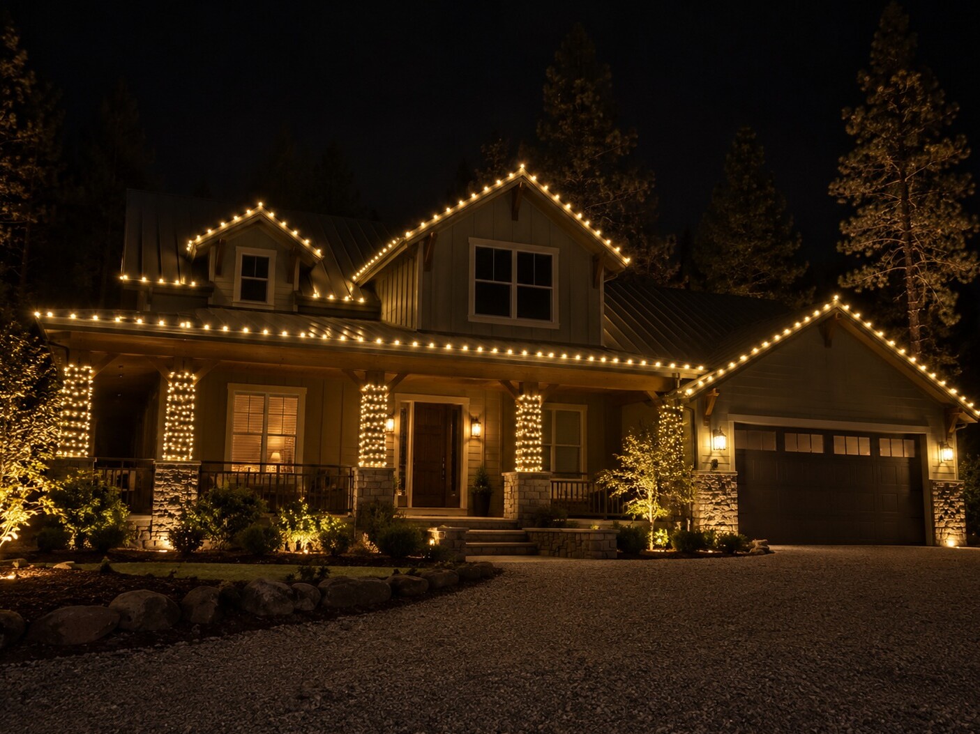 Residential christmas lights in Sacramento, CA: foothill craftsman metal roof porch warm white