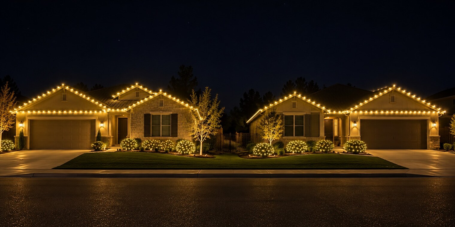 Residential christmas lights in Sacramento, CA: two neighbor homes street c9 warm white